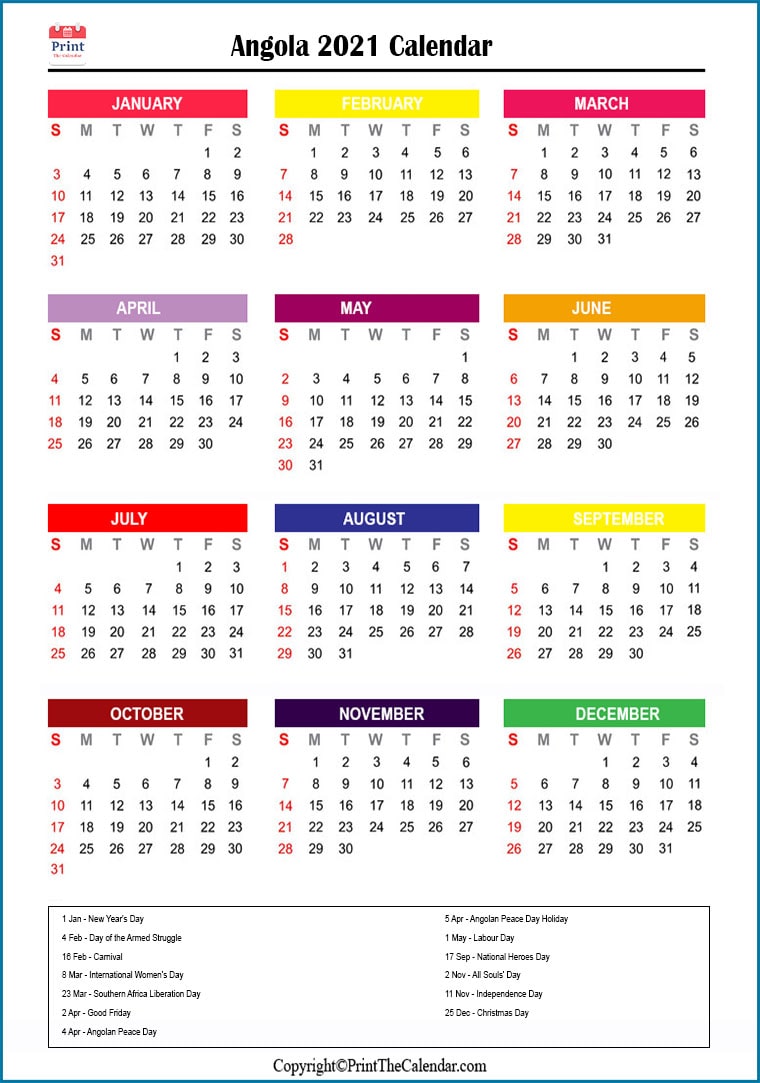 Angola Printable Calendar 2021